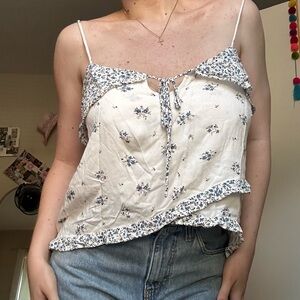 white and blue floral cami top, w/ layered detail